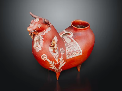 Red Ceramic Bull Shaped Vessel With White Decorative Patterns And Three Legs 3d model