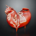 Red Ceramic Bull Shaped Vessel With White Decorative Patterns And Three Legs 3d model