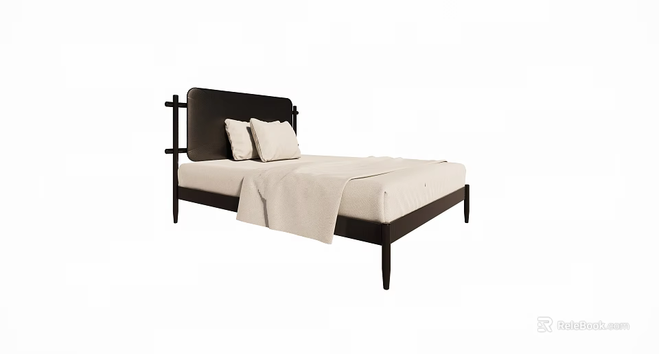 Modern Single Bed With Black Headboard White Sheets Pillows And Soft Blanket 3d model