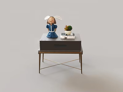 Modern Side Table With Rabbit Figurine Small Plant Books Drawer And Metal Legs 3d model