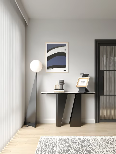 Modern Entryway Console Table Design With Marble Top Floor Lamp And Framed Art 3d model