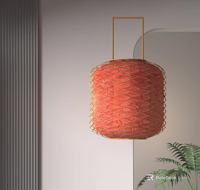 Red Woven Paper Lantern With Round Shape Hanging In Modern Interior Decorative Lighting 3d model 