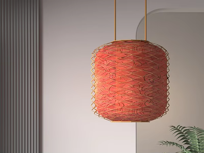 Red Woven Paper Lantern With Round Shape Hanging In Modern Interior Decorative Lighting 3d model