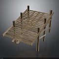Wooden Platform Structure With Sloped Ramp Beams And Support Posts