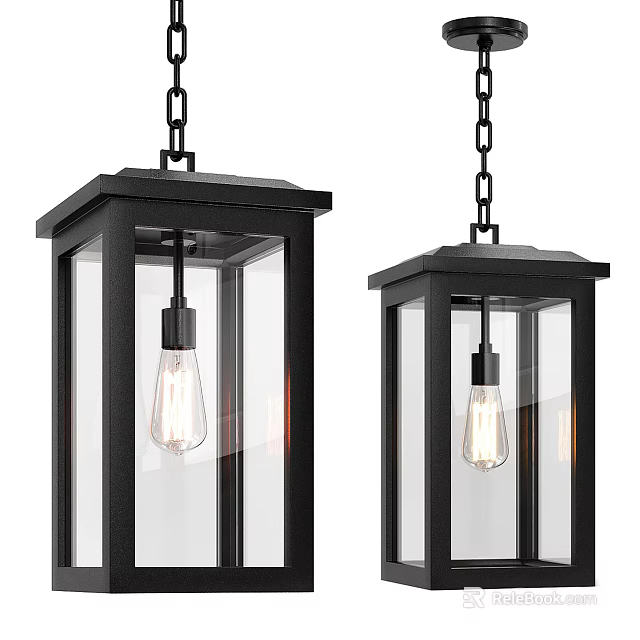 Lanterns With Black Frame Glass Panels And Light Bulbs Hanging By Chains 3d model