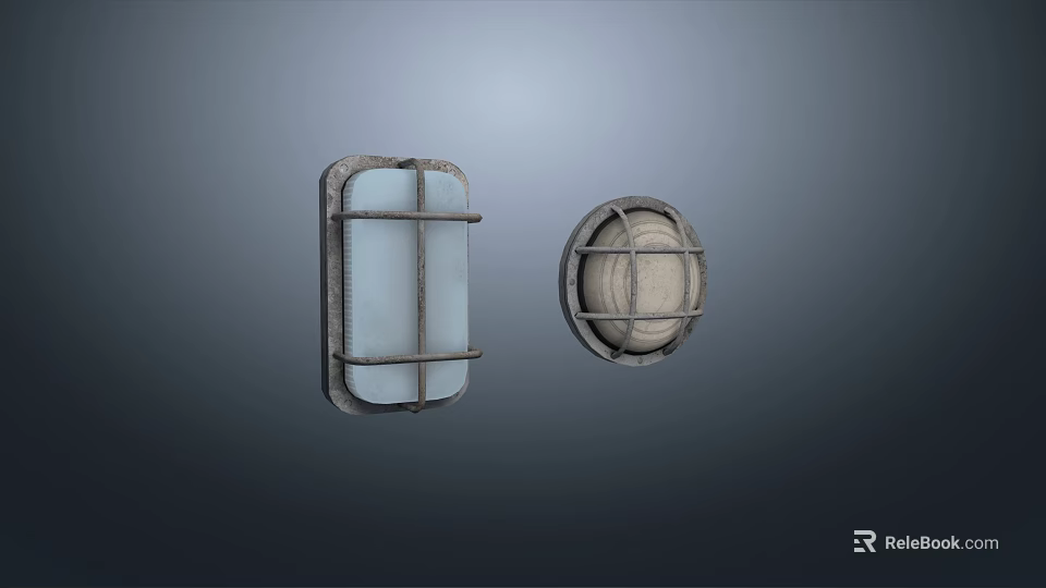 Square And Round Industrial Wall Lamps With Metal Frame And Glass Shade 3d model 