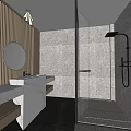 Modern Hotel Bathroom Interior With Wooden Slat Wall Round Mirror Marble Sink And Glass Shower