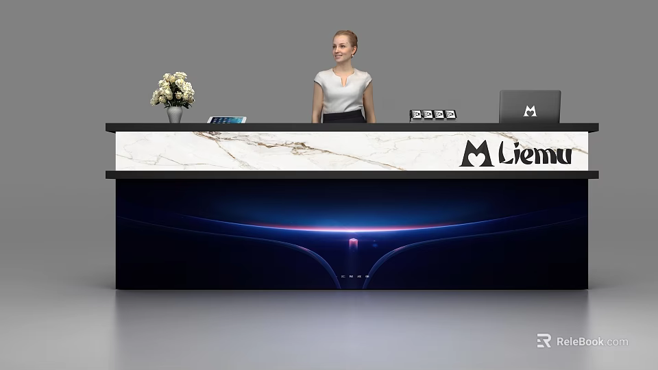 Modern Reception Desk With Marble Countertop Vase Tablet Laptop Ciemu Logo And Illuminated Base 3d model 