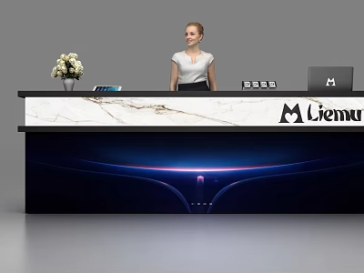Modern Reception Desk With Marble Countertop Vase Tablet Laptop Ciemu Logo And Illuminated Base 3d model