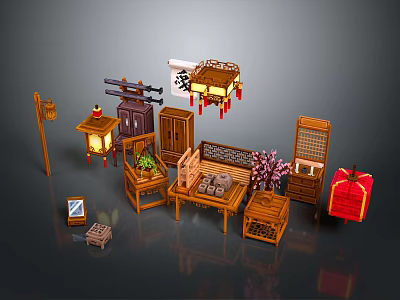 Chinese Classical Wooden Furniture And Decorative Crafts With Lanterns Tables Cabinets And Potted Plants 3d model