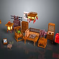 Chinese Classical Wooden Furniture And Decorative Crafts With Lanterns Tables Cabinets And Potted Plants