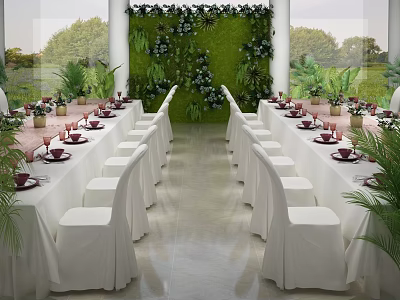 Elegant Dining Table Set With White Tablecloths Tableware Flower Arrangements And Greenery Wall 3d model