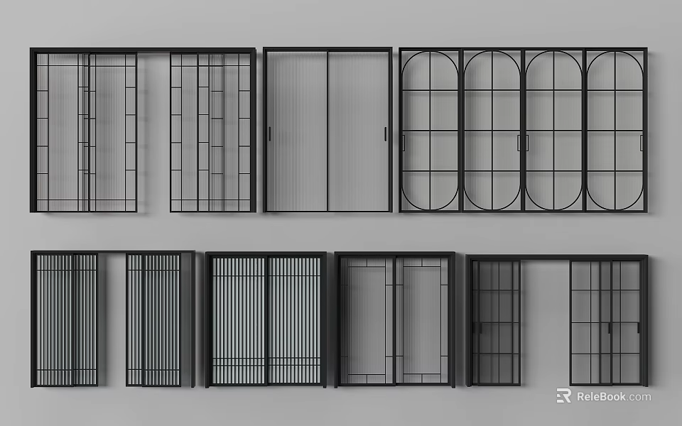Stylish Black Frame Double Doors With Various Grid Patterns And Glass Designs 3d model