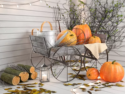 Charming Garden Decor With Wooden Cart Pumpkins Tools Lantern Logs And Fallen Leaves 3d model