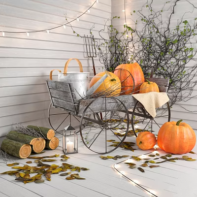 Charming Garden Decor With Wooden Cart Pumpkins Tools Lantern Logs And Fallen Leaves 3d model