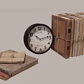 Stacked And Tied Books On Wooden Table With Metal Frame And Clock Against White Wall