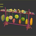 Traditional Wooden Frame Hanging Chimes With Yellow Circular Components And Decorative Carvings