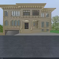 Two Story Detached Villa Featuring Beige Exterior Arched Porch and Green Lawn
