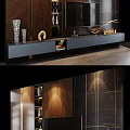 Modern TV Background Wall Design With Wooden Accents Marble Texture Fireplace And Lighting