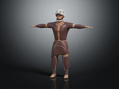 3D Humanoid Character Model With White Headgear Brown Bodysuit Light Lines And Arms Outstretched 3d model