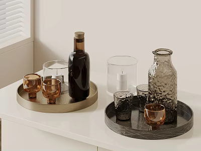 Stylish Glass Cups And Bottles On Gold Black Trays For Modern Kitchen Counter 3d model