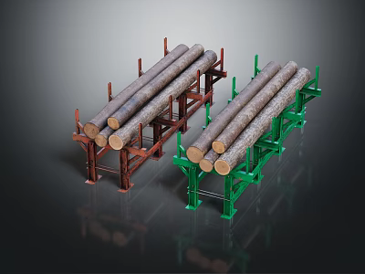 Stacked Wooden Logs On Red And Green Racks For Material Storage 3d model