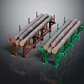 Stacked Wooden Logs On Red And Green Racks For Material Storage