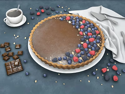 Fresh Chocolate Tart Topped With Blueberries Raspberries And Chocolate Pieces With Coffee Knife And Napkin 3d model