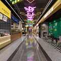 Vibrant Food Court Interior With Neon Lights Colorful Signboards And Retro Stalls