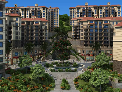 Residential Community With High Rise Buildings Green Landscape And Central Fountain Square 3d model