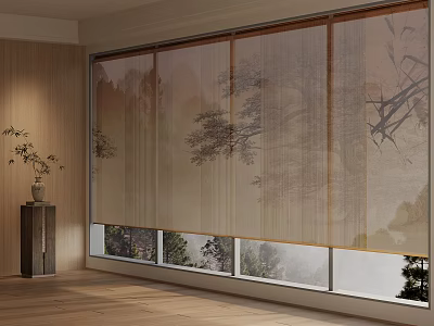 Room Interior With Landscape Painting Roller Blind Wooden Wall And Floor Design 3d model