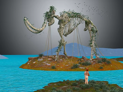 Ancient Mammoth Skeleton and Woman Hair on Island with Vines and Water 3d model