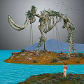Ancient Mammoth Skeleton and Woman Hair on Island with Vines and Water