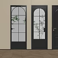 Three Black Hinged Doors with Different Glass and Solid Panel Designs on Beige Wall 3d model