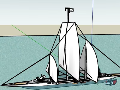 Detailed Sailing Boat Design With Multiple White Sails On Calm Water Surface 3d model