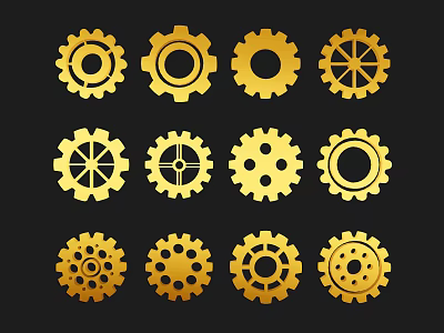 Industrial Equipment Precision Mechanical Components with Multiple Golden Gears on Black Background 3d model