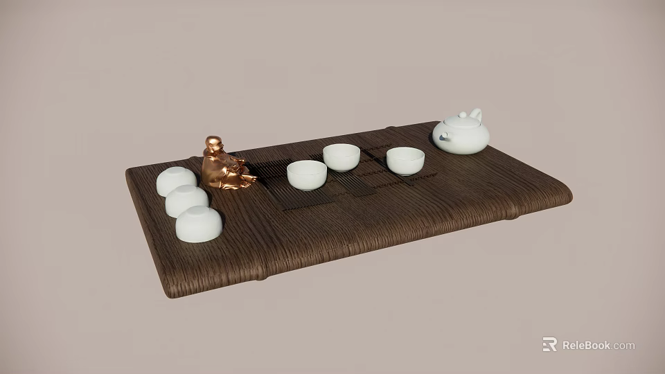 Elegant Tea Table And Chairs With Wooden Tray White Teacups And Ceramic Teapot 3d model 