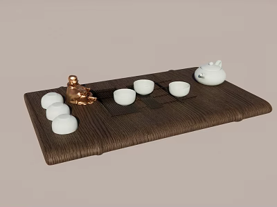 Elegant Tea Table And Chairs With Wooden Tray White Teacups And Ceramic Teapot 3d model