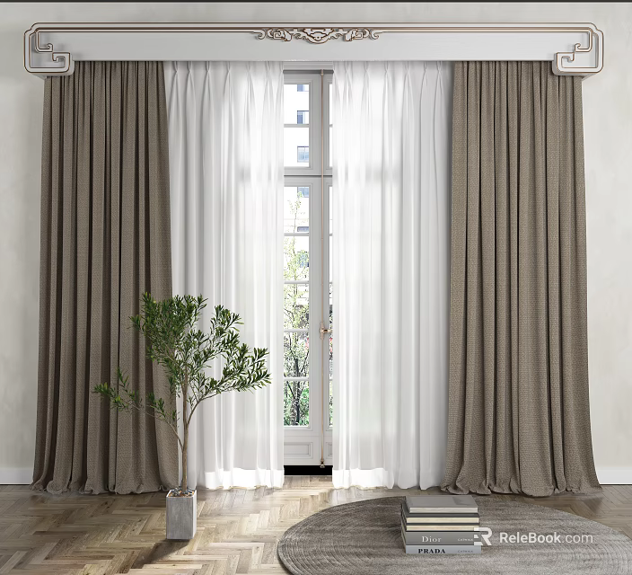 Thick Brown And White Sheer Curtains In Modern Room With Potted Green Plant 3d model 