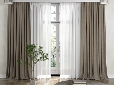 Thick Brown And White Sheer Curtains In Modern Room With Potted Green Plant 3d model