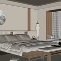 Serene Bedroom Interior With Wooden Bed Round Wall Art Floor Lamp Area Rug And Mountain View