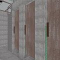 Public Restroom Interior With Metal Textured Doors Circular Mirrors And Industrial Lights