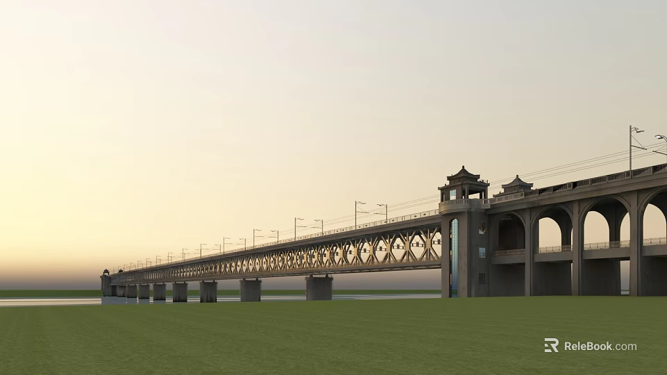 Traditional Pavilion Railway Bridge with Arch Design Over Water and Grassland at Sunset 3d model 