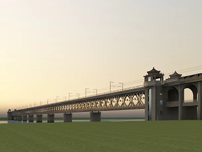 Traditional Pavilion Railway Bridge with Arch Design Over Water and Grassland at Sunset 3d model