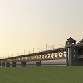 Traditional Pavilion Railway Bridge with Arch Design Over Water and Grassland at Sunset