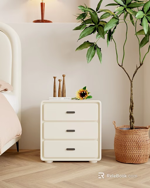 White Three Drawer Bedside Table With Wooden Decor Sunflower And Woven Basket Plant 3d model 