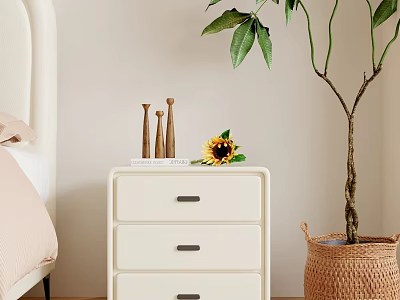 White Three Drawer Bedside Table With Wooden Decor Sunflower And Woven Basket Plant 3d model