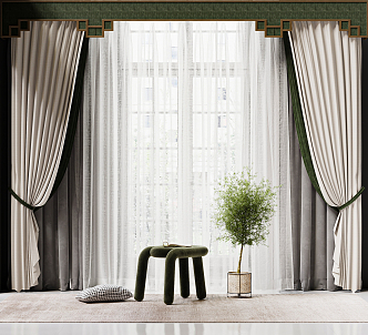 New Chinese Curtain Gauze Curtain Combination 3d model