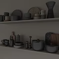 Modern Minimalist Kitchenware Display On White Shelves With Black Gray Wooden Pots Bowls Plates