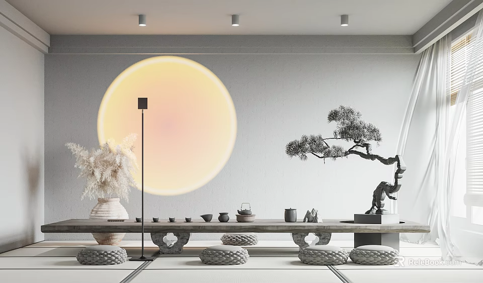 Tranquil Tea Room Interior With Round Yellow Decor Long Table Tea Sets And Pine Ornament 3d model 